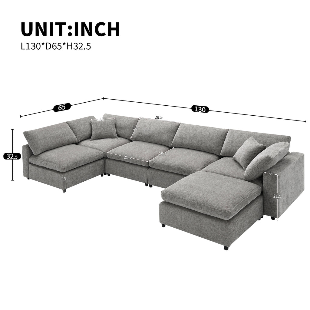 [VIDEO provided][New]130*65' Modern Modular Cloud Sofa Bed, 6 Seat Chenille Sectional Couch Set with Ottoman,Free Combination,Convertible U Shaped Sleeper Sofa for Living Room, Apartment, 3 Colors