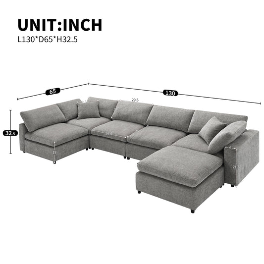 [VIDEO provided][New]130*65' Modern Modular Cloud Sofa Bed, 6 Seat Chenille Sectional Couch Set with Ottoman,Free Combination,Convertible U Shaped Sleeper Sofa for Living Room, Apartment, 3 Colors