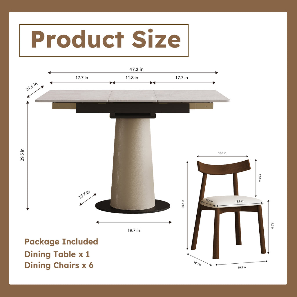 Product dimensions of expandable dining table set with six chairs, showing measurements for ideal fit in compact dining areas.