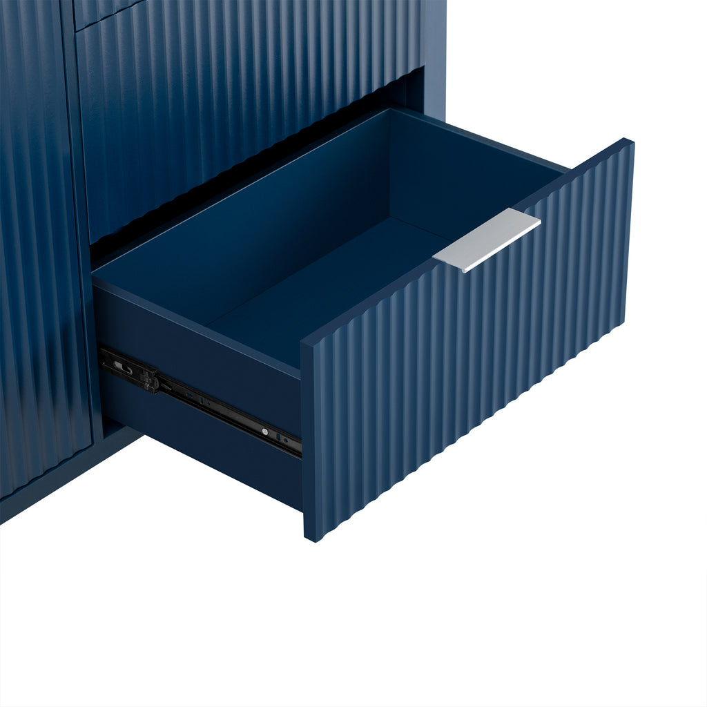 Modern navy sideboard drawer open, showcasing spacious interior and ribbed front design. Ideal for stylish navy sideboard storage solutions.