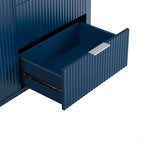 Modern navy sideboard drawer open, showcasing spacious interior and ribbed front design. Ideal for stylish navy sideboard storage solutions.