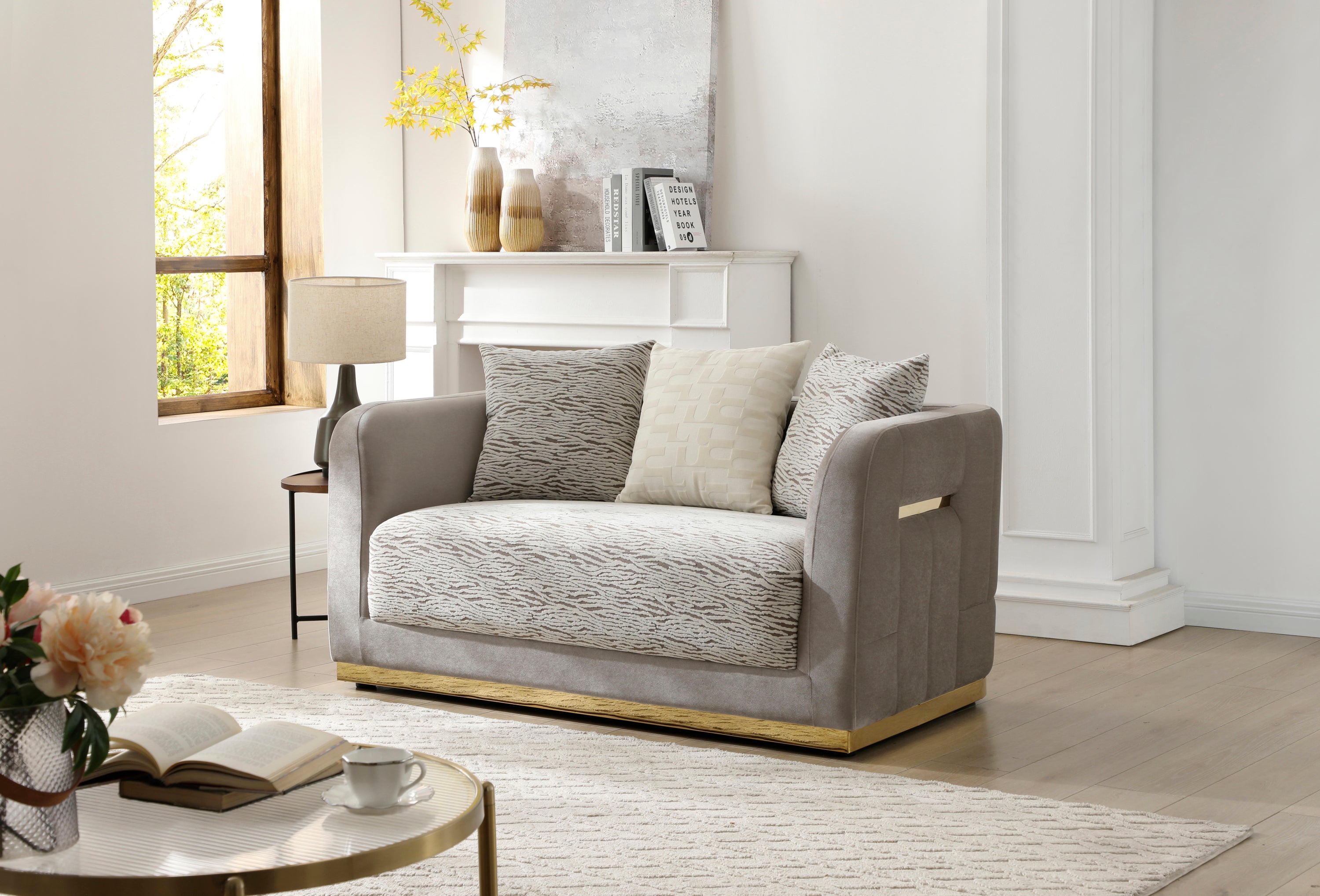 Lexington 66-Inch Velvet Chenille Loveseat in Light Beige with Gold Trim