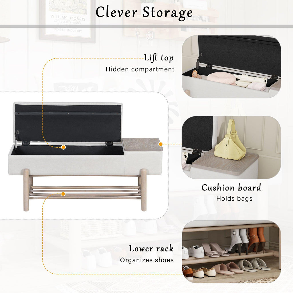 TREXM Farmhouse Upholstered Storage Bench with Hidden Compartment, Modern Entryway Bench for Living Room, Entryway, and Hallways (Natural).