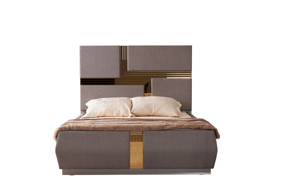 Lorenzo Queen Bed with gray wooden frame and tufted headboard featuring gold accents, perfect for modern luxury bedrooms.