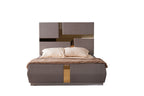 Lorenzo Queen Bed with gray wooden frame and tufted headboard featuring gold accents, perfect for modern luxury bedrooms.