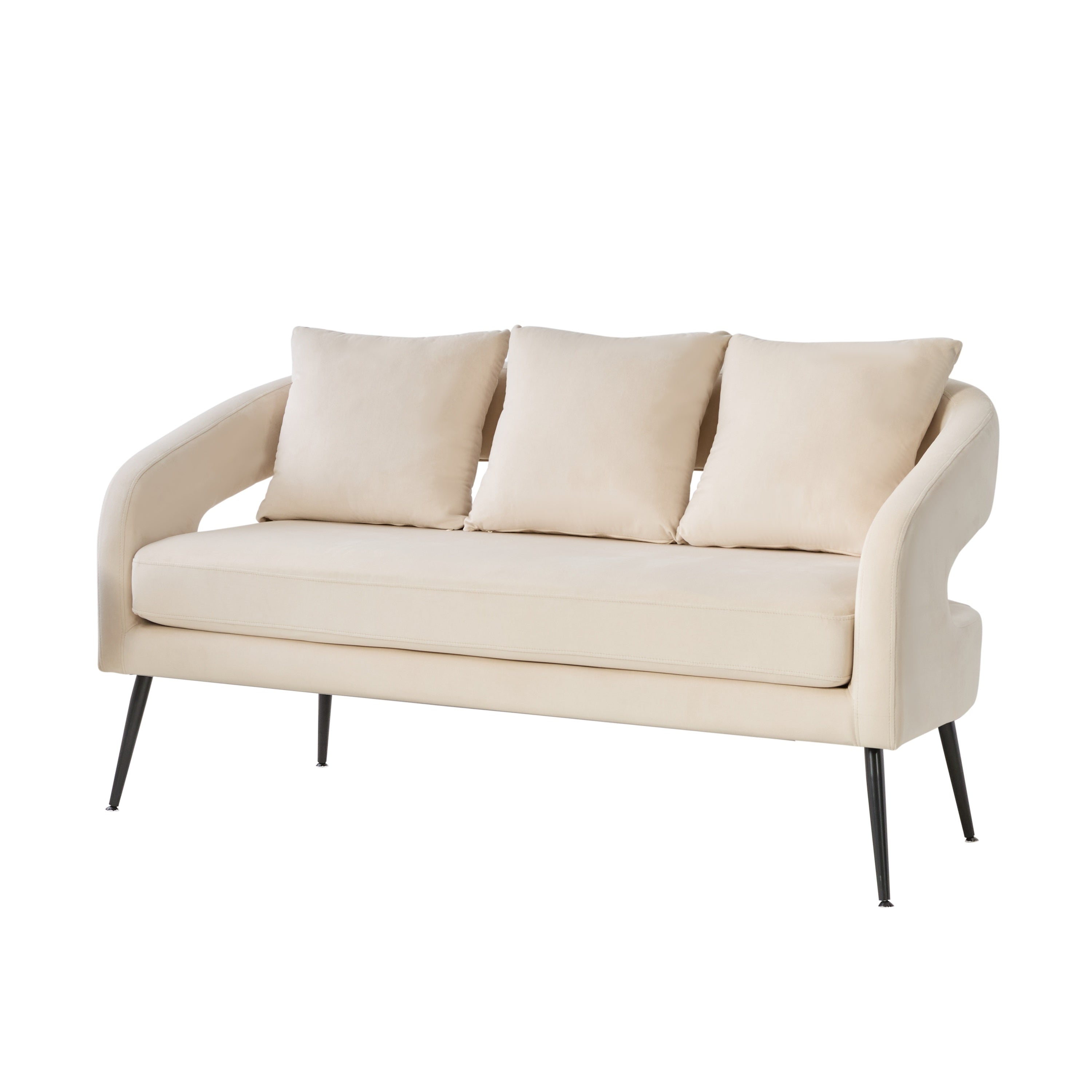 Modern Upholstered Velvet Open Back Loveseat Settee with 3 Pillows, Beige, Metal Legs, 53.7'