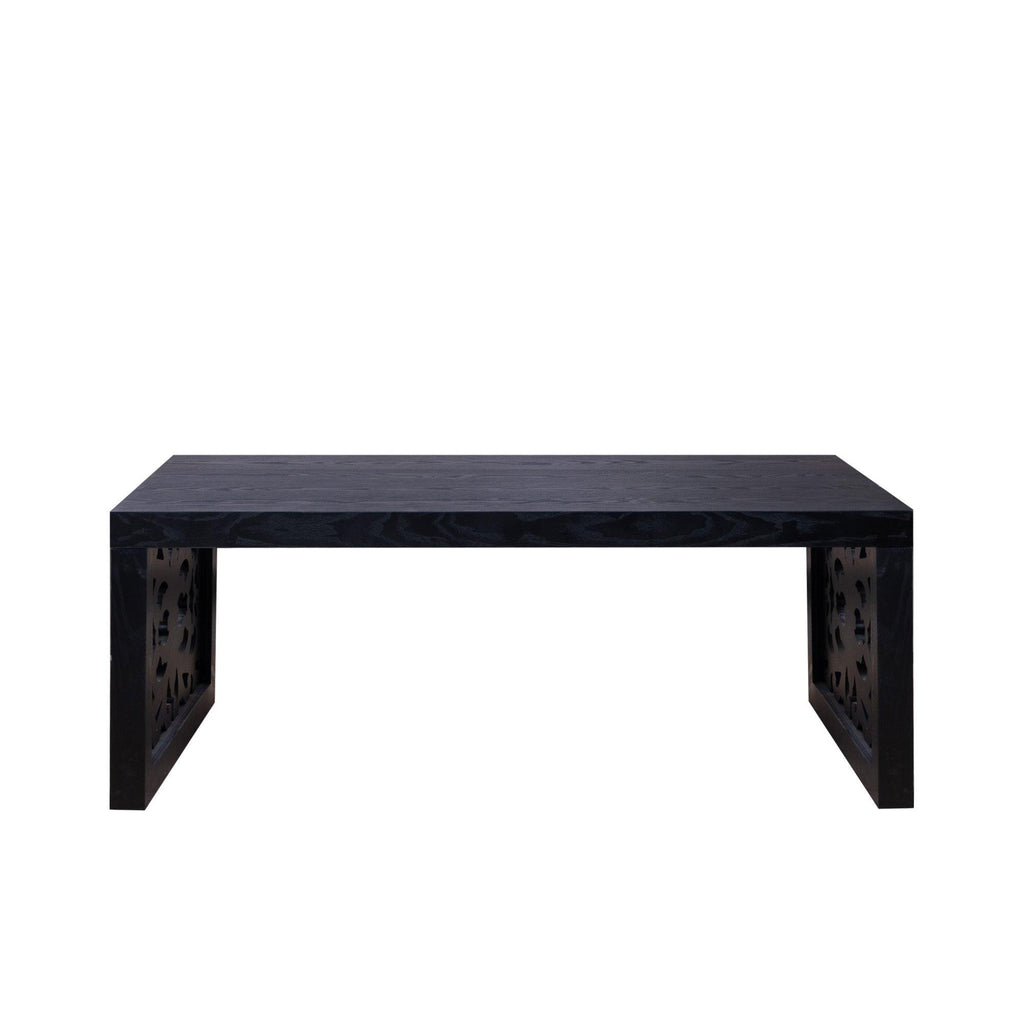 47.2' Solid Black Carved Wood Coffee Table – Handcrafted Look with Ornate Side Panels.