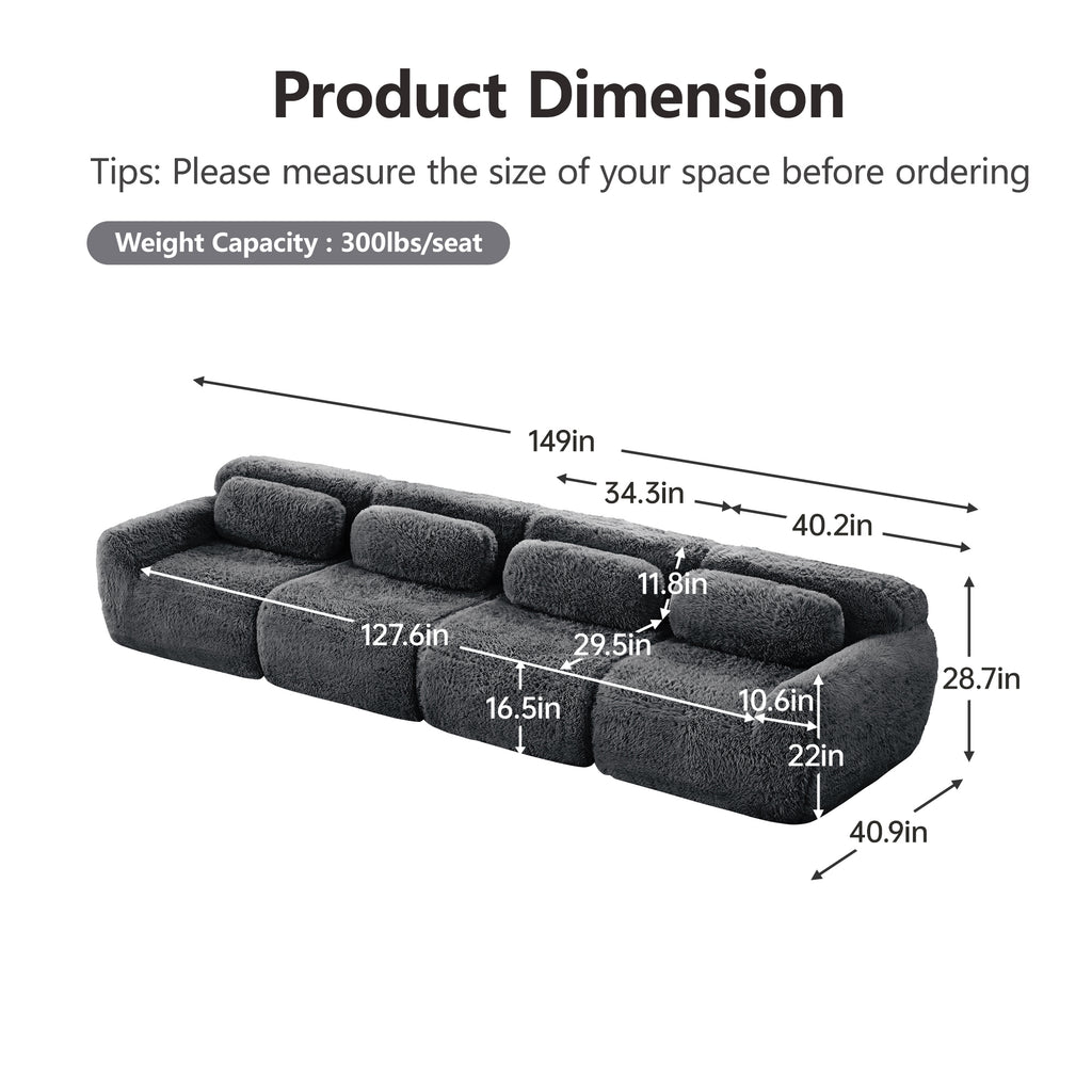 149'' modular plush sofa in dark grey with labeled dimensions and weight capacity of 300lbs per seat. No assembly required design.