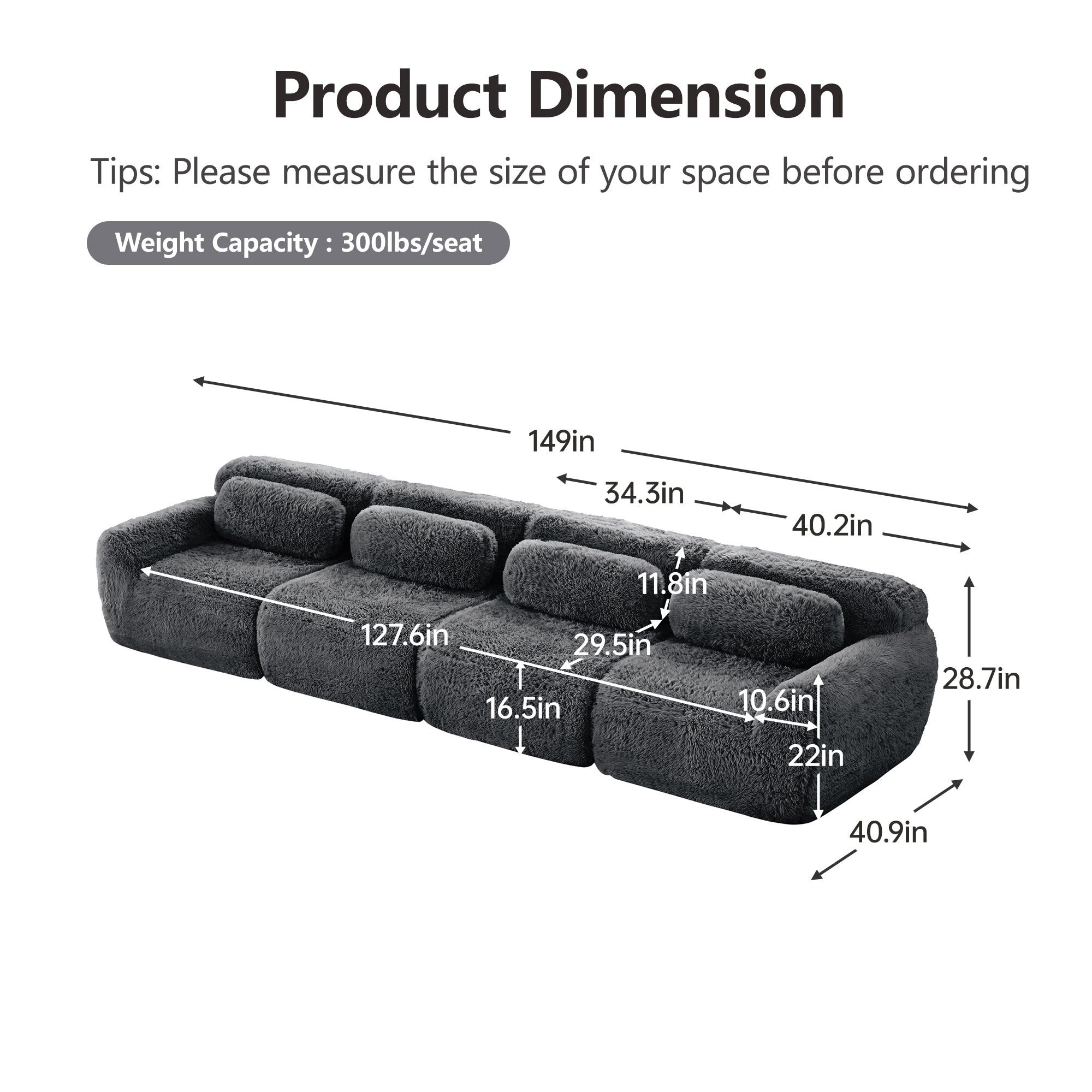 149'' modular plush sofa in dark grey with labeled dimensions and weight capacity of 300lbs per seat. No assembly required design.