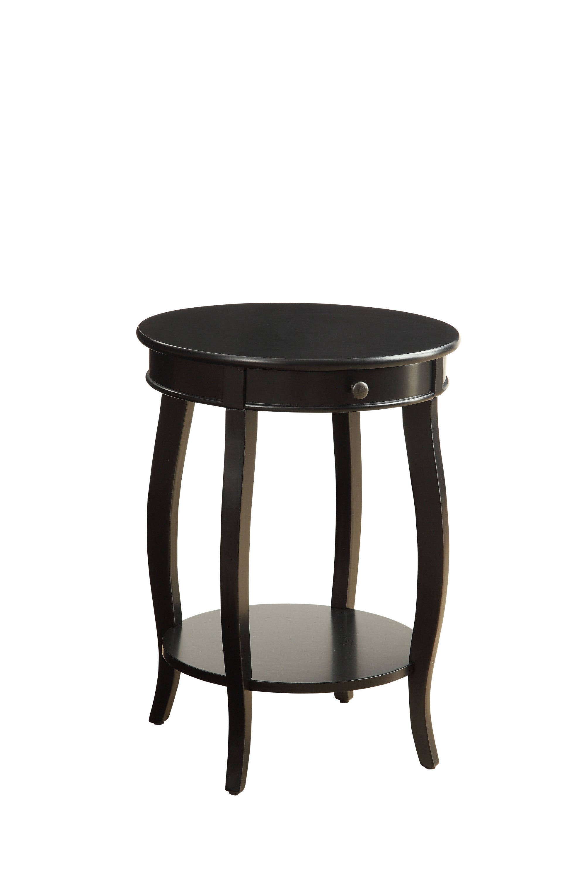 Angled view of Alysa Black Accent Table showing round top, single drawer, and lower shelf. Elegant black finish with curved legs.