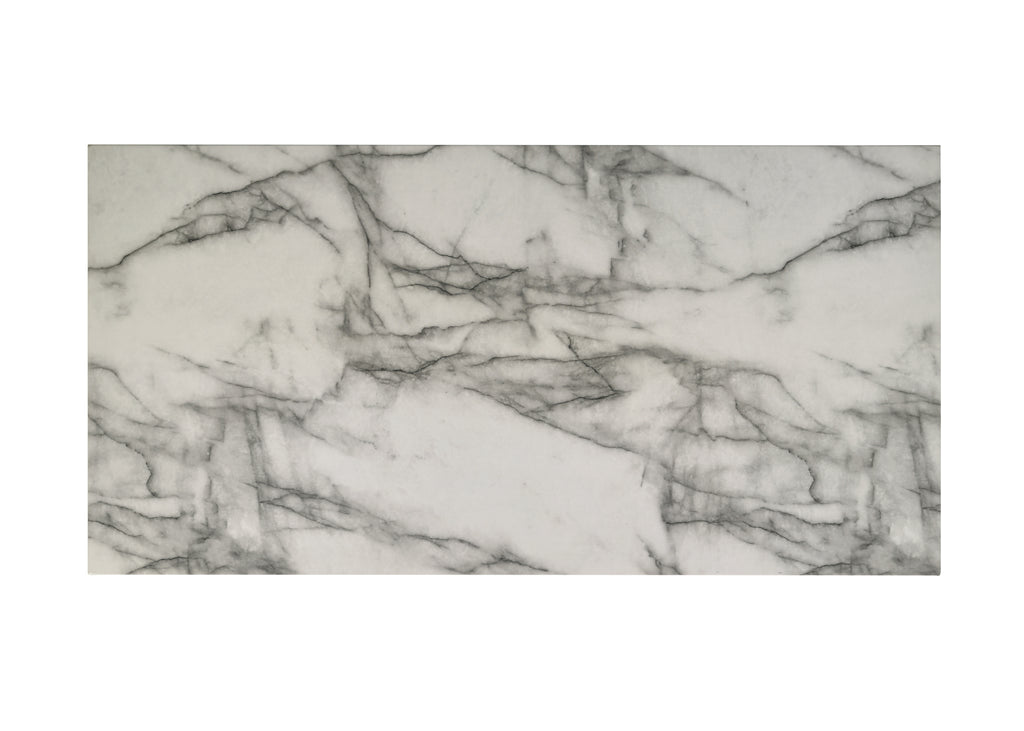 Detailed view of the faux white marble top on the Matilda 47' Coffee Table, showcasing realistic veining and elegant surface finish.