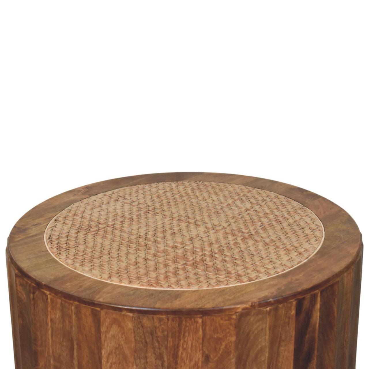 Artisan Solid Wood Coffee Table with Rattan Design.