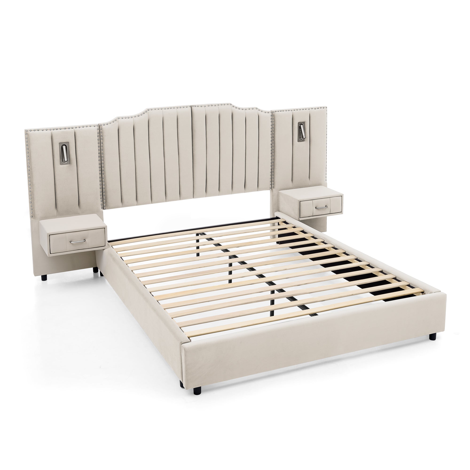 Queen upholstered bed frame in beige velvet with vertical stripe headboard, built-in storage drawers, and adjustable bedside lamps.