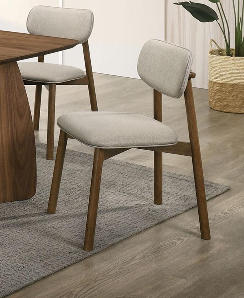Mid-Century Modern Side Chair Set in Walnut and Beige.