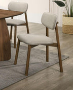 Mid-Century Modern Side Chair Set in Walnut and Beige.
