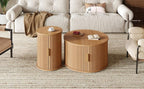 [Assembly Video]Mid-Century Coffee Table Set with Sliding Tambour Door, Round Fluted End Table With Storage, Golden Handle Tall & Low Side Table with Wooden Finish for Living Room, Set of Two ,Natural