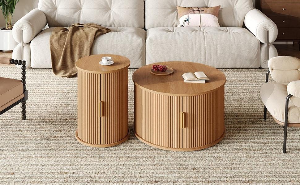 [Assembly Video]Mid-Century Coffee Table Set with Sliding Tambour Door, Round Fluted End Table With Storage, Golden Handle Tall & Low Side Table with Wooden Finish for Living Room, Set of Two ,Natural