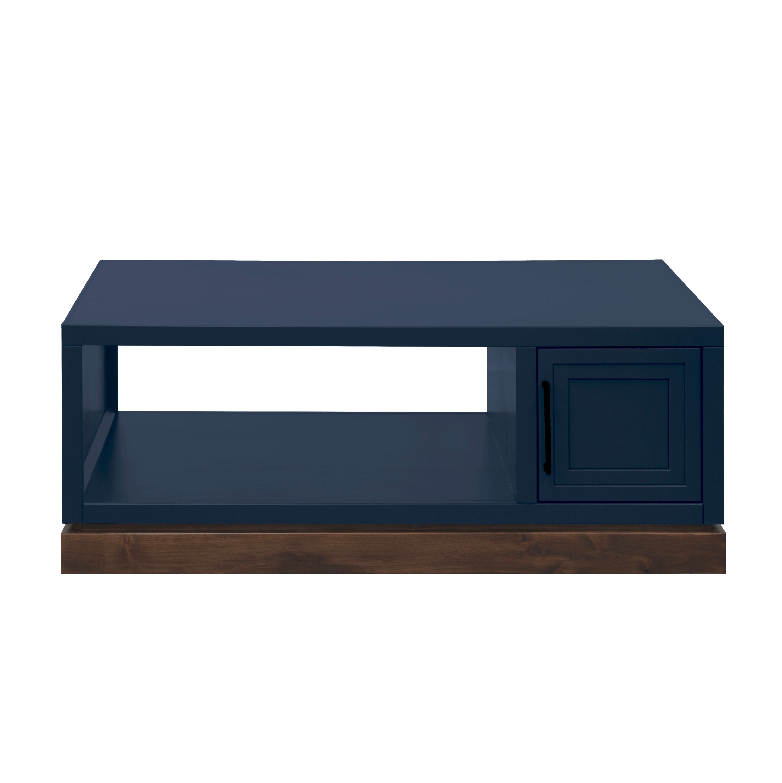 Front view of Nora Coffee Table 48 inch in Blue Denim and Whiskey Finish. Made from poplar wood with a storage door and open shelf design.
