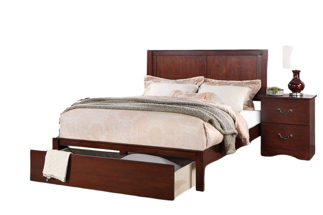 Eastern King Size Bed with Cherry Finish and Headboard.