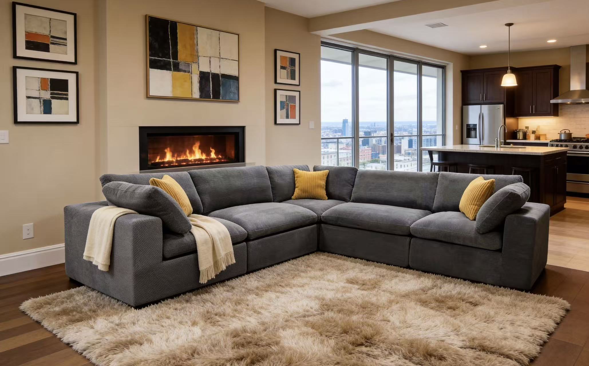 Charcoal gray modular sectional sofa with yellow toss pillows and a cream throw blanket on a shaggy area rug.