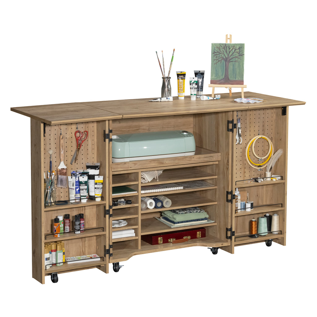 Craft Cart with Storage for Home fully expanded showing organized art supplies, pegboard tool storage, and multiple shelves in brown wood finish.