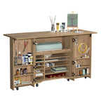 Craft Cart with Storage for Home fully expanded showing organized art supplies, pegboard tool storage, and multiple shelves in brown wood finish.