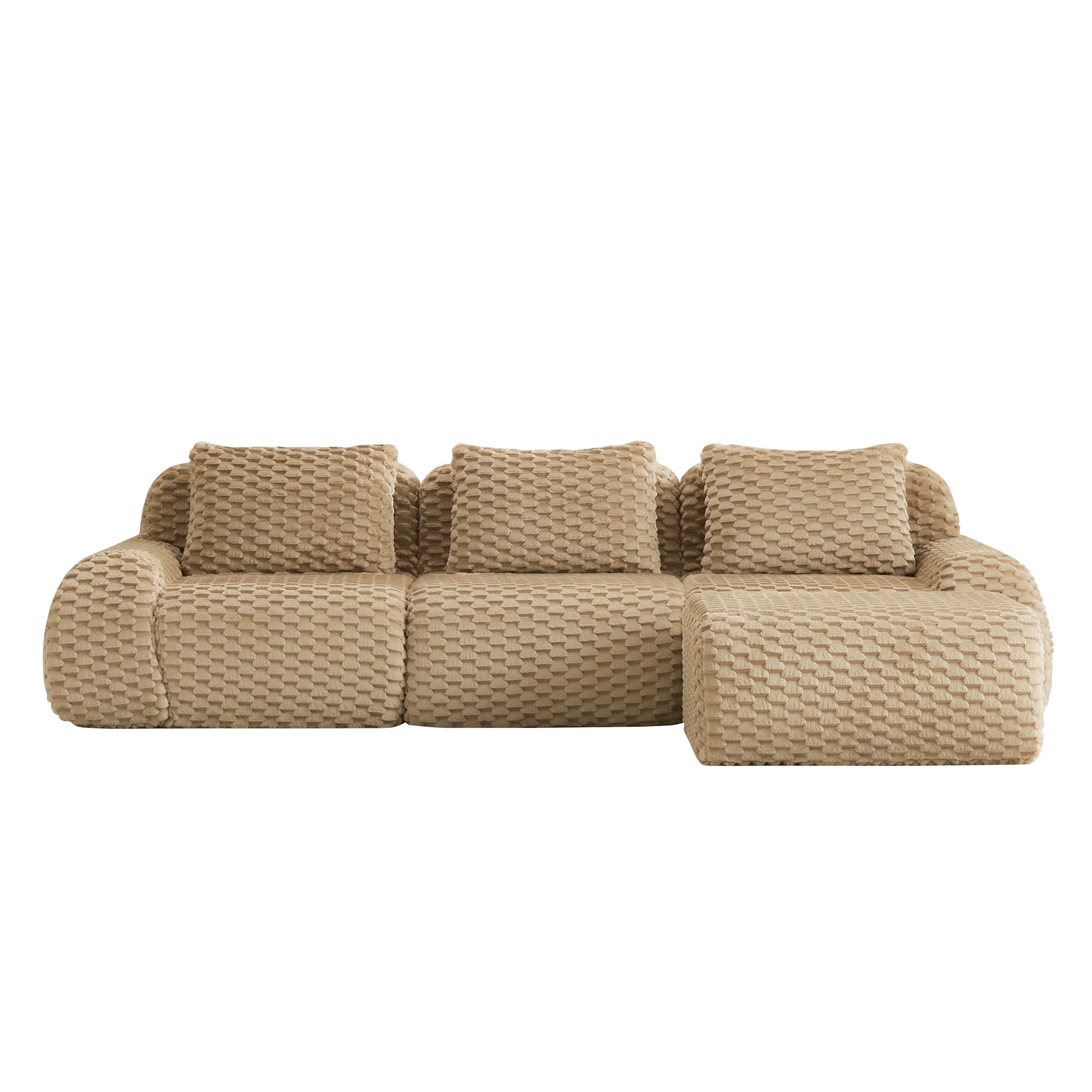 Straight-on view of L-Shaped Modular Sectional Sofa - Light Camel with right-side chaise, featuring three back cushions.