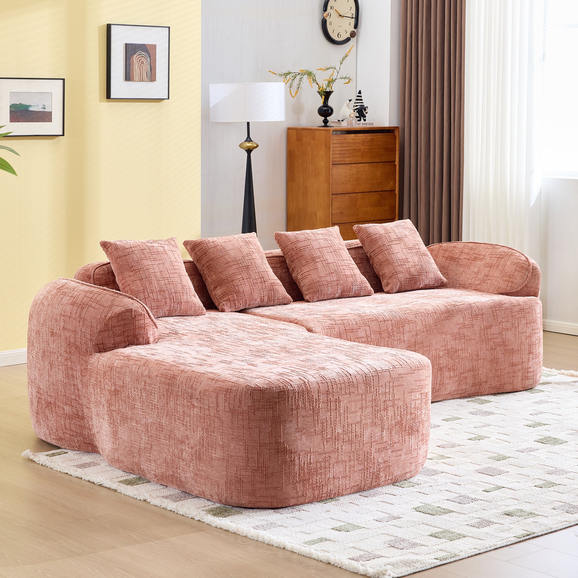 Side angle of Pink Chenille L-Shaped Sofa - Fits Any Room | Compressed, highlighting its curved design and plush chenille upholstery.