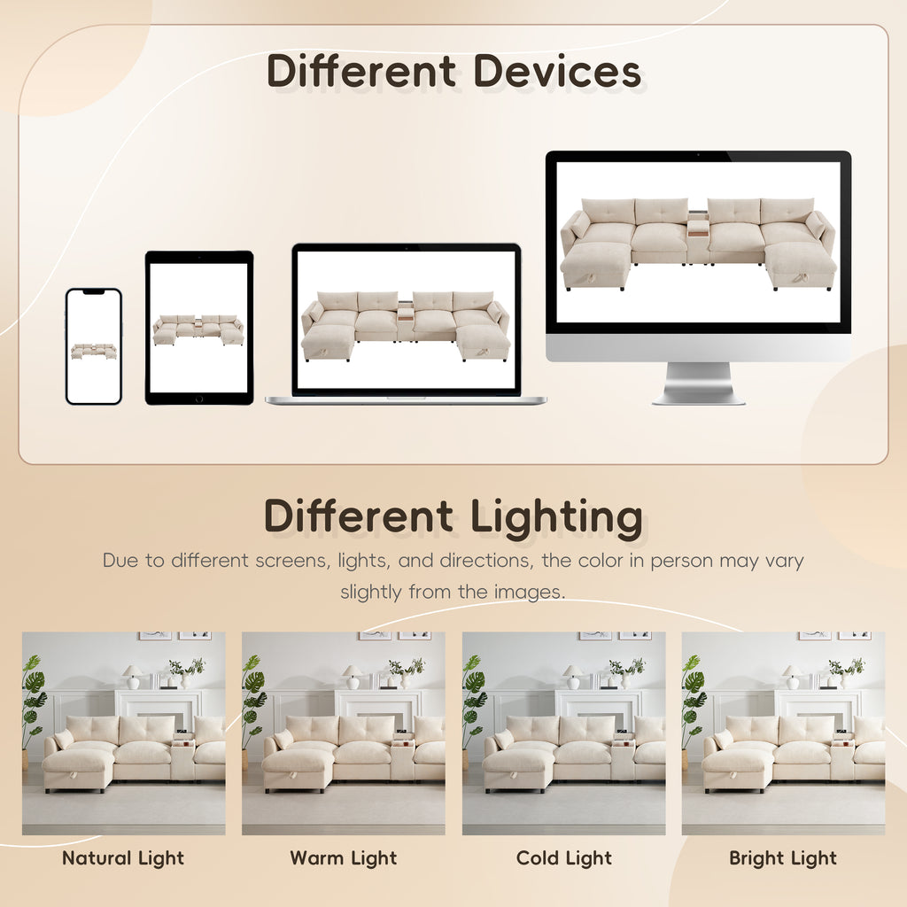 Modular sectional sofa shown under different lighting and devices, highlighting color variations for accurate online shopping.