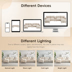 Modular sectional sofa shown under different lighting and devices, highlighting color variations for accurate online shopping.