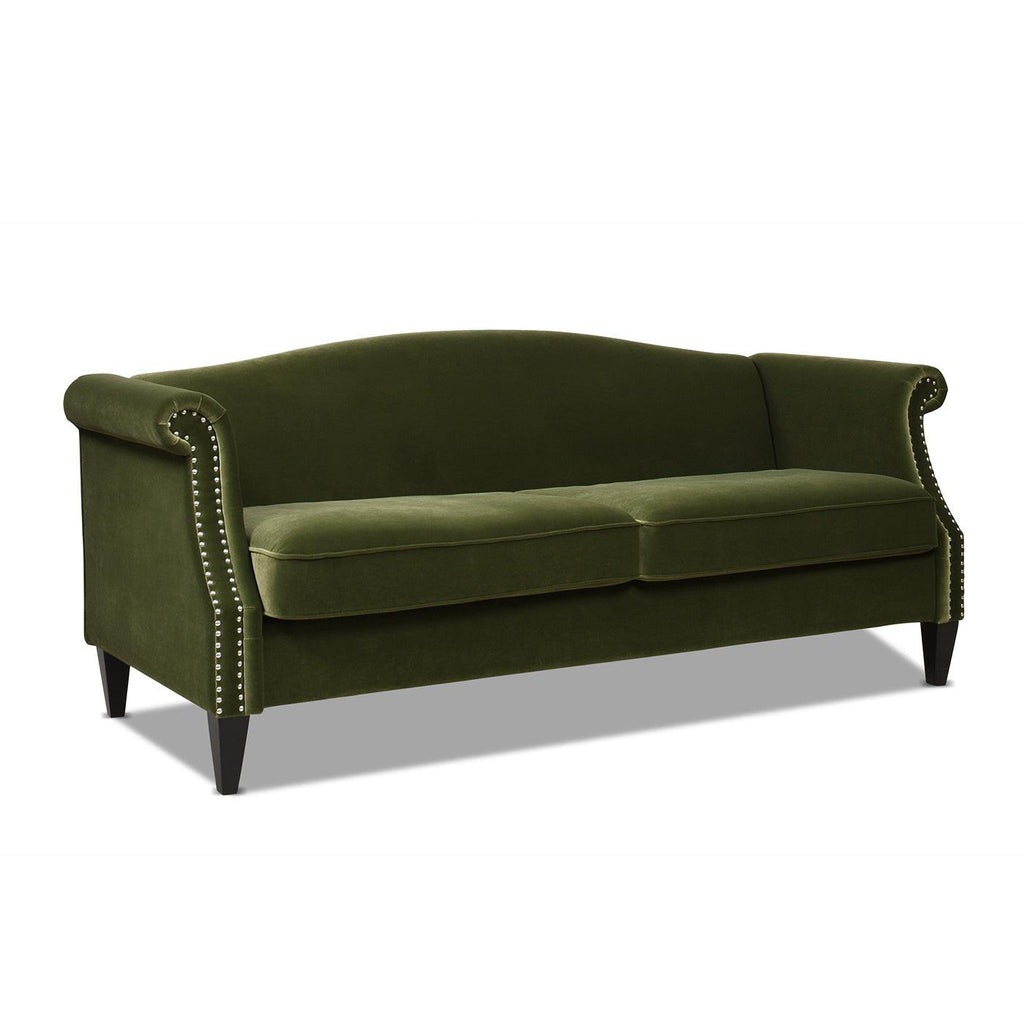 Elaine 77' Small Space Sofa in Olive Green Velvet.