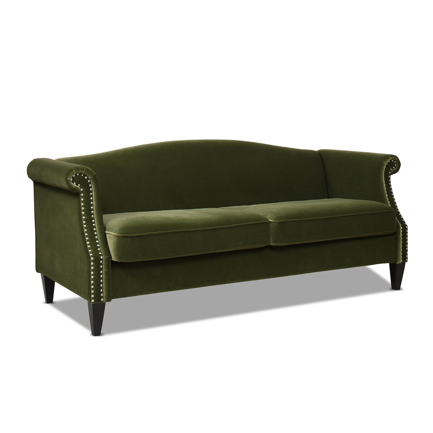 Elaine 77' Small Space Sofa in Olive Green Velvet.