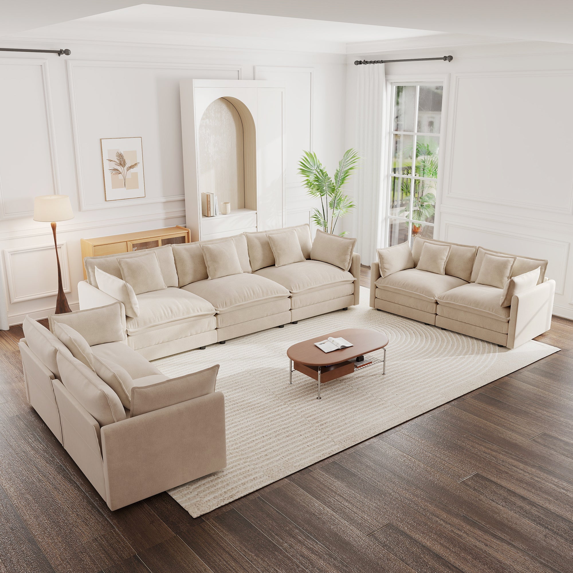 7-Seat Light Coffee Chenille Sofa Set with Solid Wood Frame