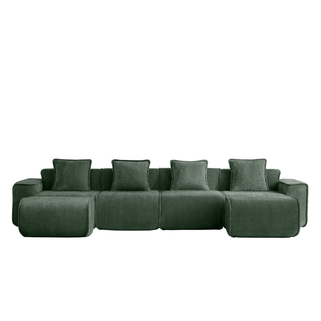 Front view of the Modular Green Velvet Sofa with four seats and five cushions, combining comfort and elegance for home interiors.