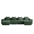 Front view of the Modular Green Velvet Sofa with four seats and five cushions, combining comfort and elegance for home interiors.