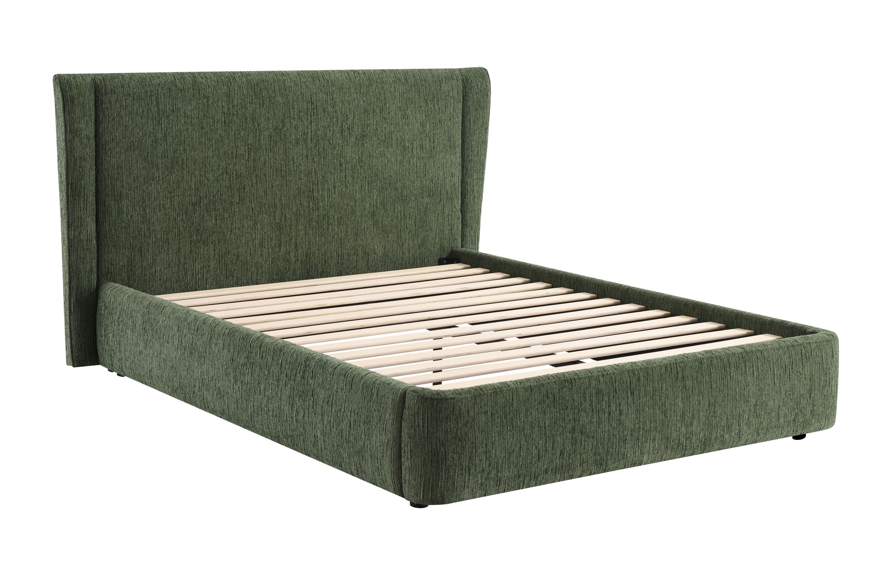 Cheryl Chenille Queen Bed frame in dark green with slatted base and padded headboard, tool-free assembly for modern bedrooms.