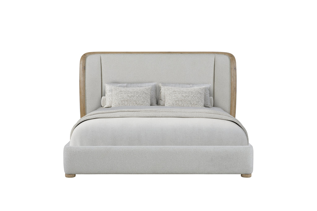 Upholstered Queen Bed - Pine Finish with soft fabric headboard and natural wood frame, ideal for modern bedroom interiors.