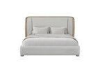 Upholstered Queen Bed - Pine Finish with soft fabric headboard and natural wood frame, ideal for modern bedroom interiors.