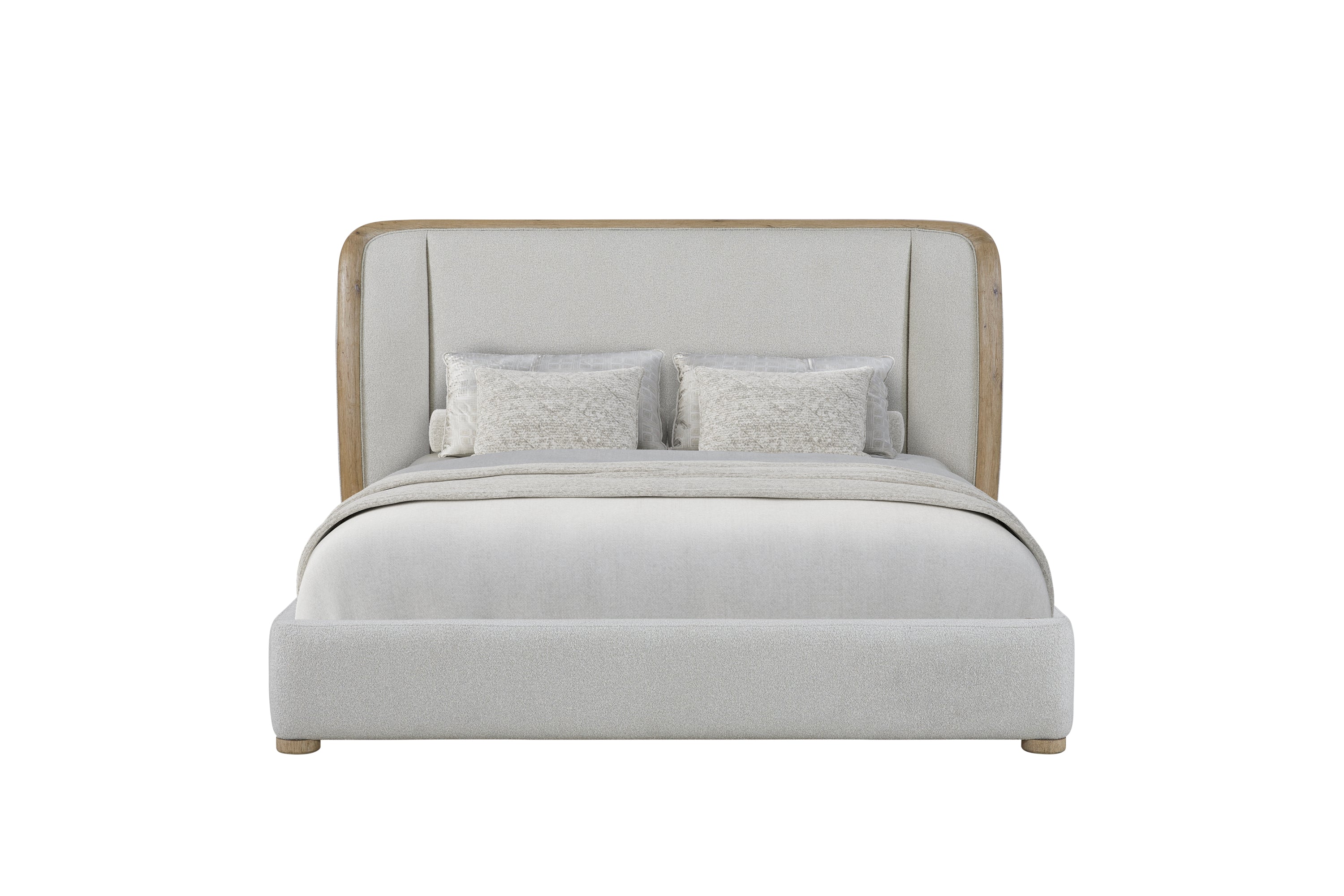 Upholstered Queen Bed - Pine Finish with soft fabric headboard and natural wood frame, ideal for modern bedroom interiors.