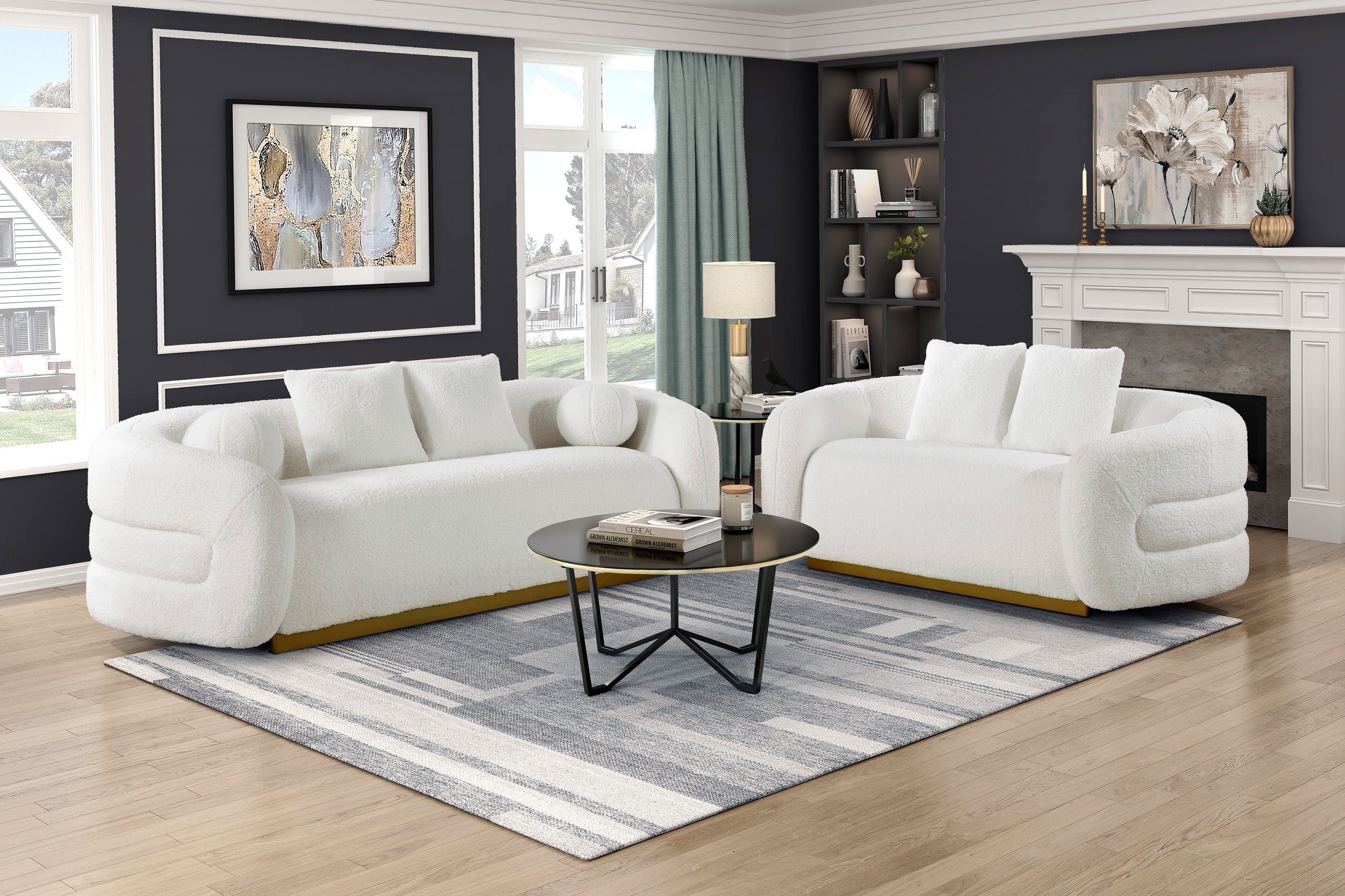 Luxury White Sherpa 2-Piece Sofa and Loveseat Set with Gold Wood Base