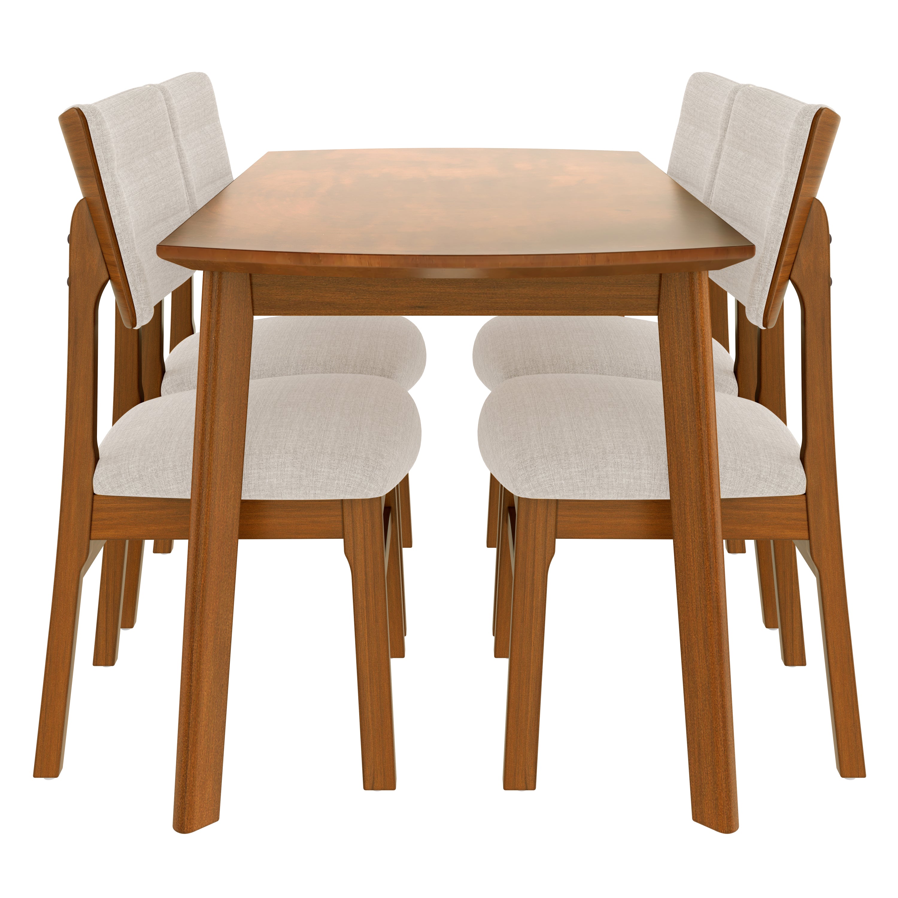 Front view of farmhouse dining table set with 4 chairs neatly tucked under the table, highlighting its compact and space-saving design.