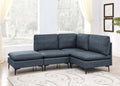 Modern modular sectional in dark blue linen-look upholstery featuring plush cushions and sleek black metal legs.