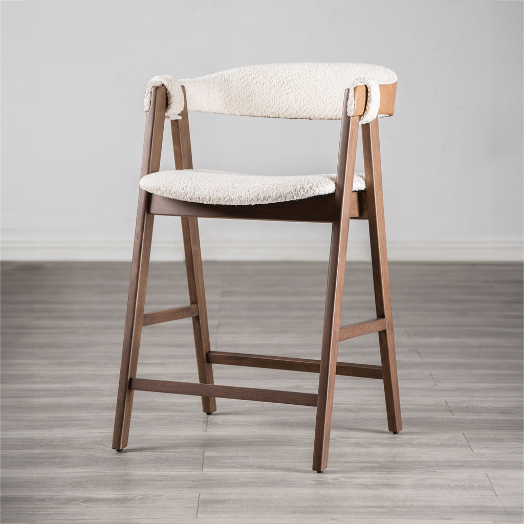 Mid-Century Modern 2pc Counter Stool with walnut wood frame and beige seat, shown on wood flooring for home decor inspiration.