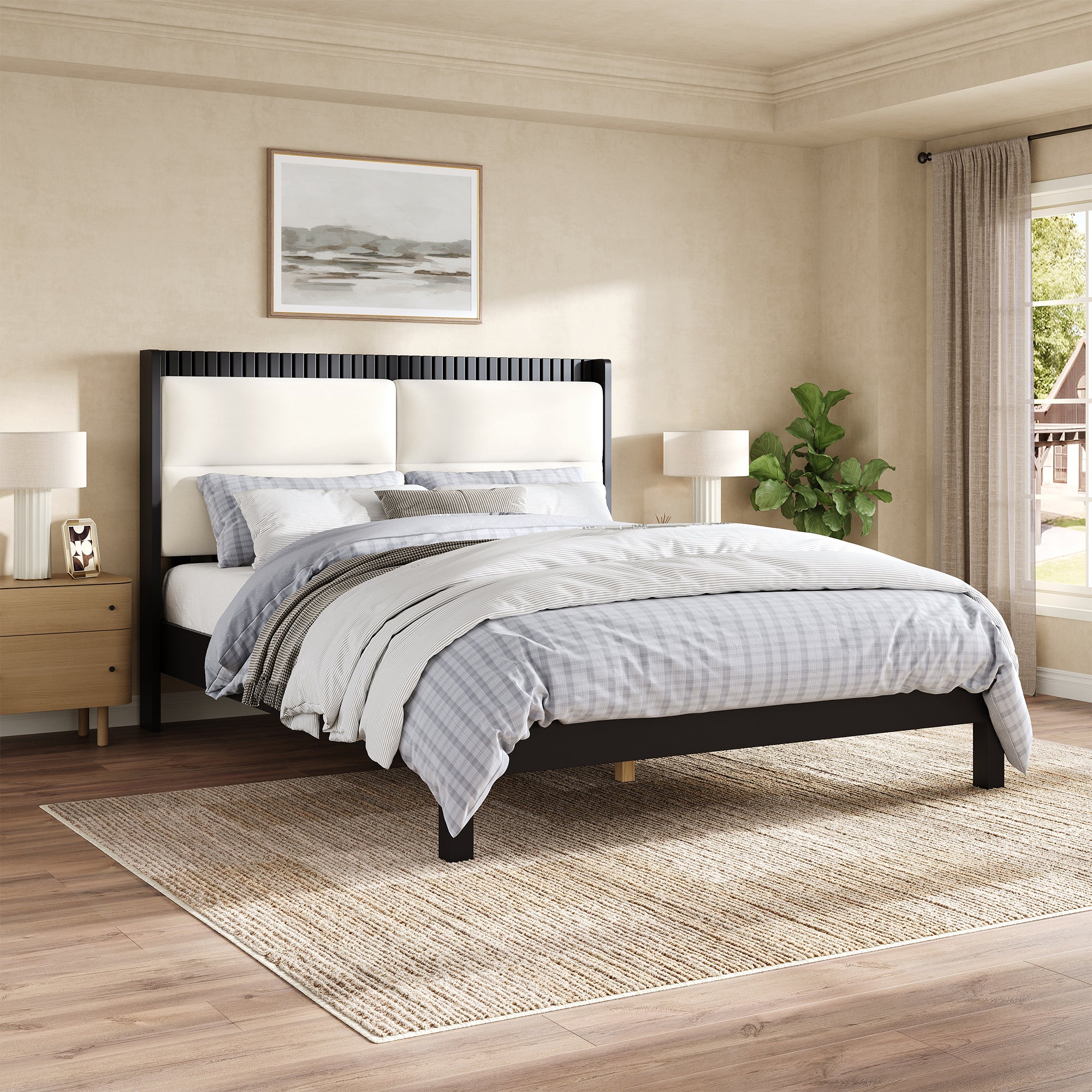 Queen Platform Bed with Beige Velvet Upholstered Headboard in Black