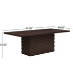 Espresso dining table with dimensions 84x40x30 inches, designed to seat 6-8 people with a sturdy central pedestal base for modern dining rooms.