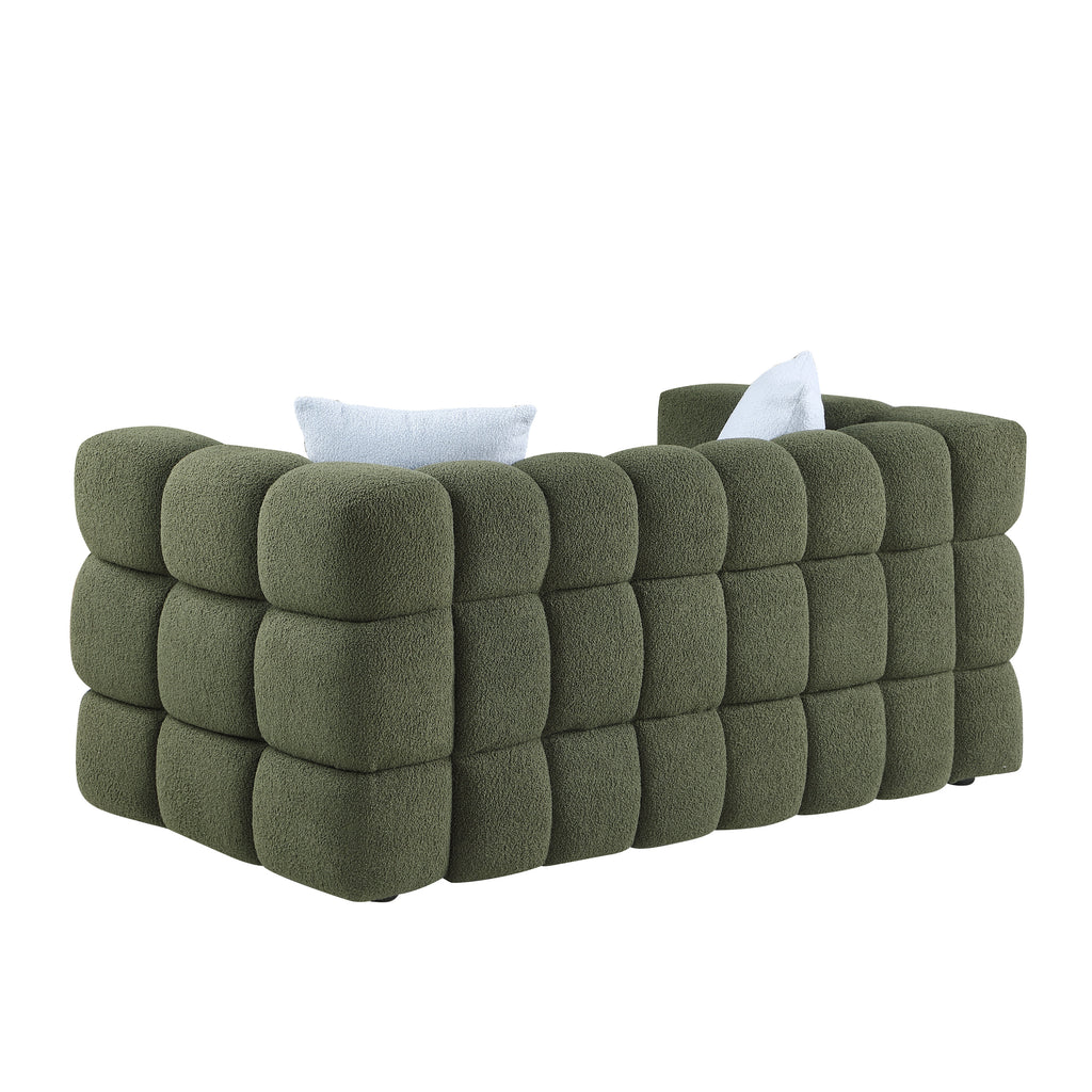 Rear view of Olive Green Boucle Sofa - 3 Seater, Marshmallow Cozy with light blue pillows and soft, rounded backrest.
