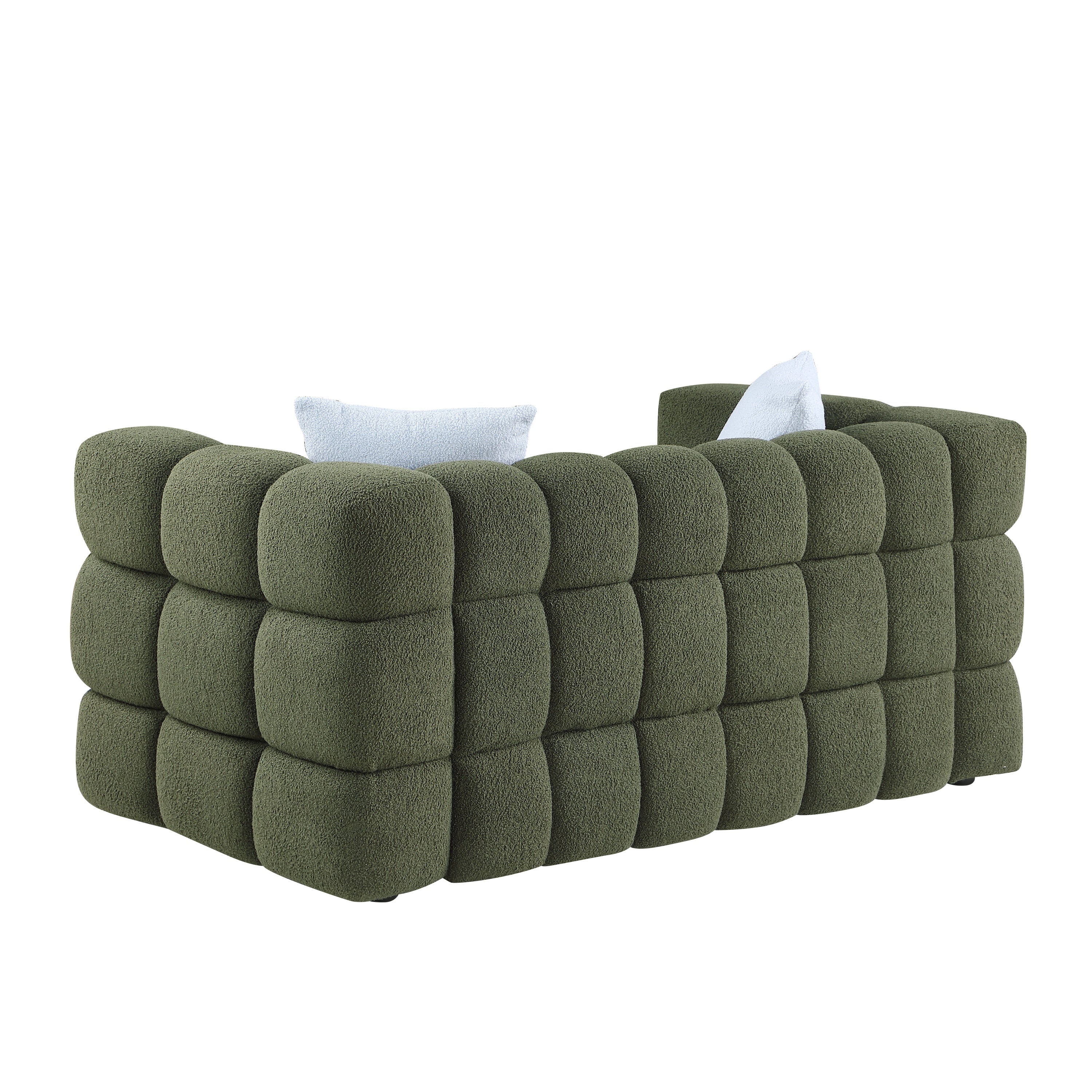 Rear view of Olive Green Boucle Sofa - 3 Seater, Marshmallow Cozy with light blue pillows and soft, rounded backrest.