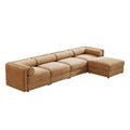 Camel chenille L-shaped modular sectional sofa with deep seating, cylindrical backrests, and armrests.