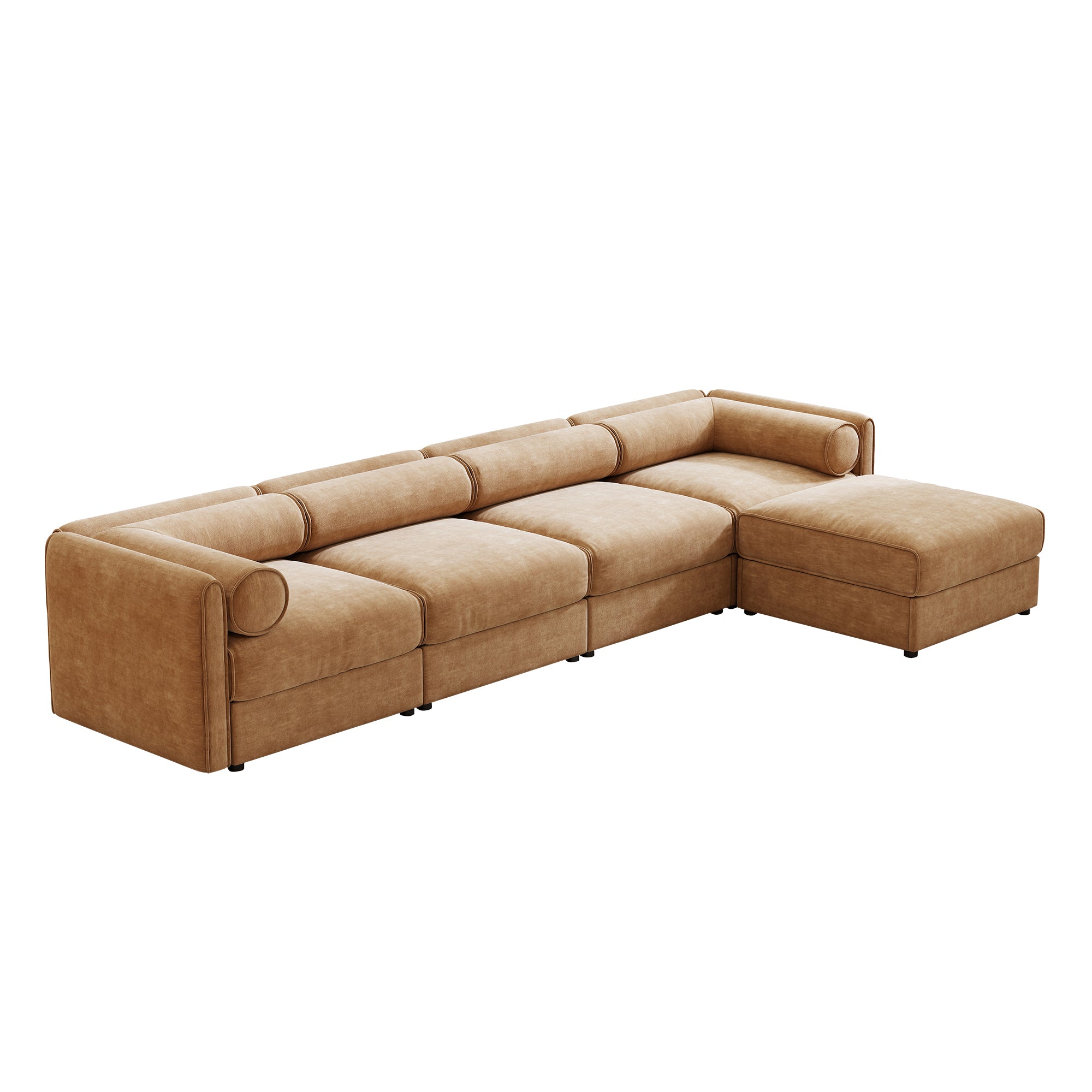 Camel chenille L-shaped modular sectional sofa with deep seating, cylindrical backrests, and armrests.