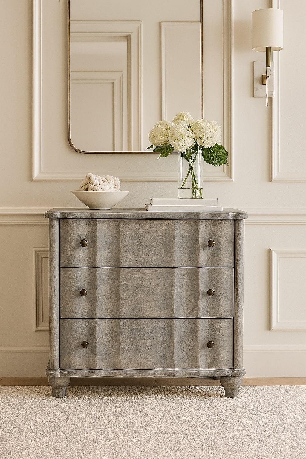 Solid Wood Curved Leg Chest,Grey,3-Drawers